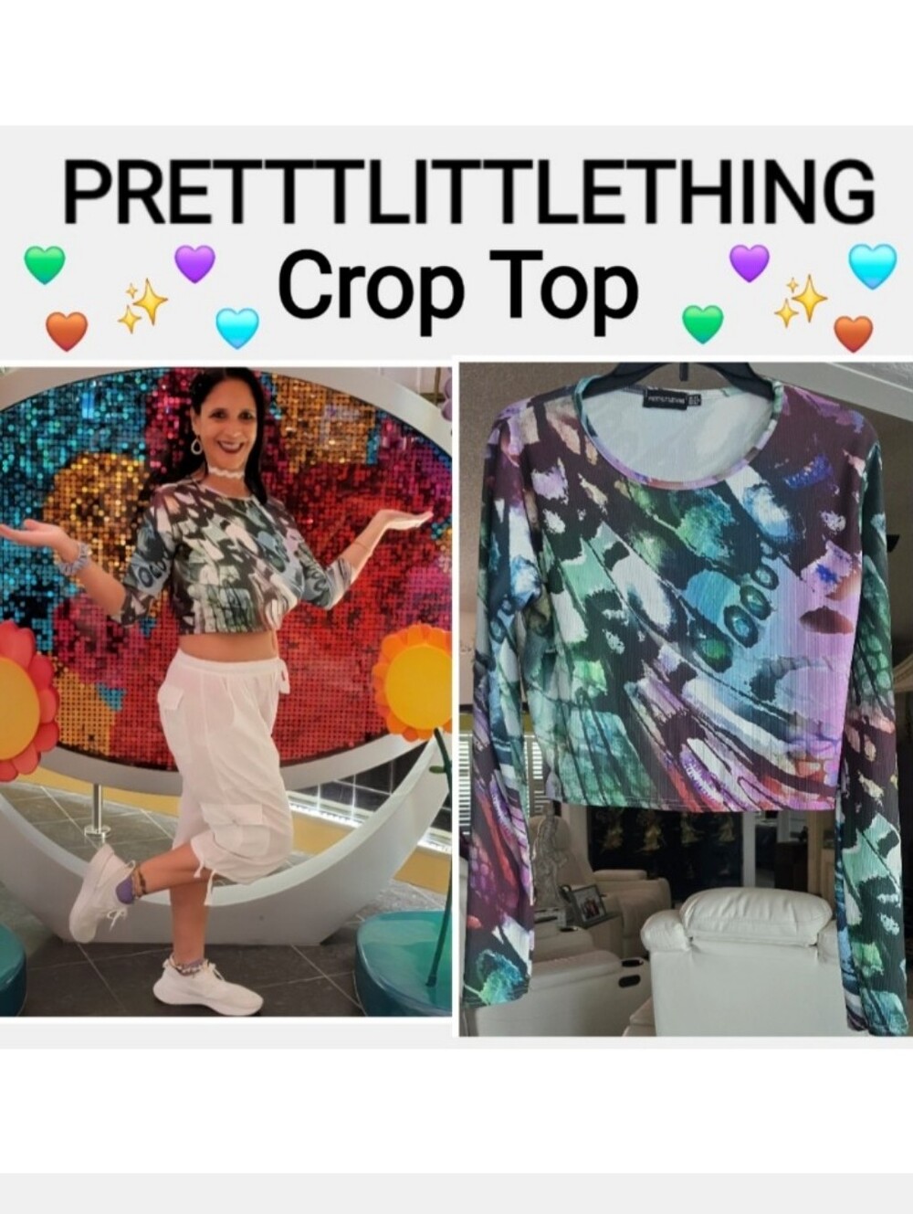 PrettyLittleThing Multicolor Abstract Long Sleeve Crop Top, Size UK 14, USA 10